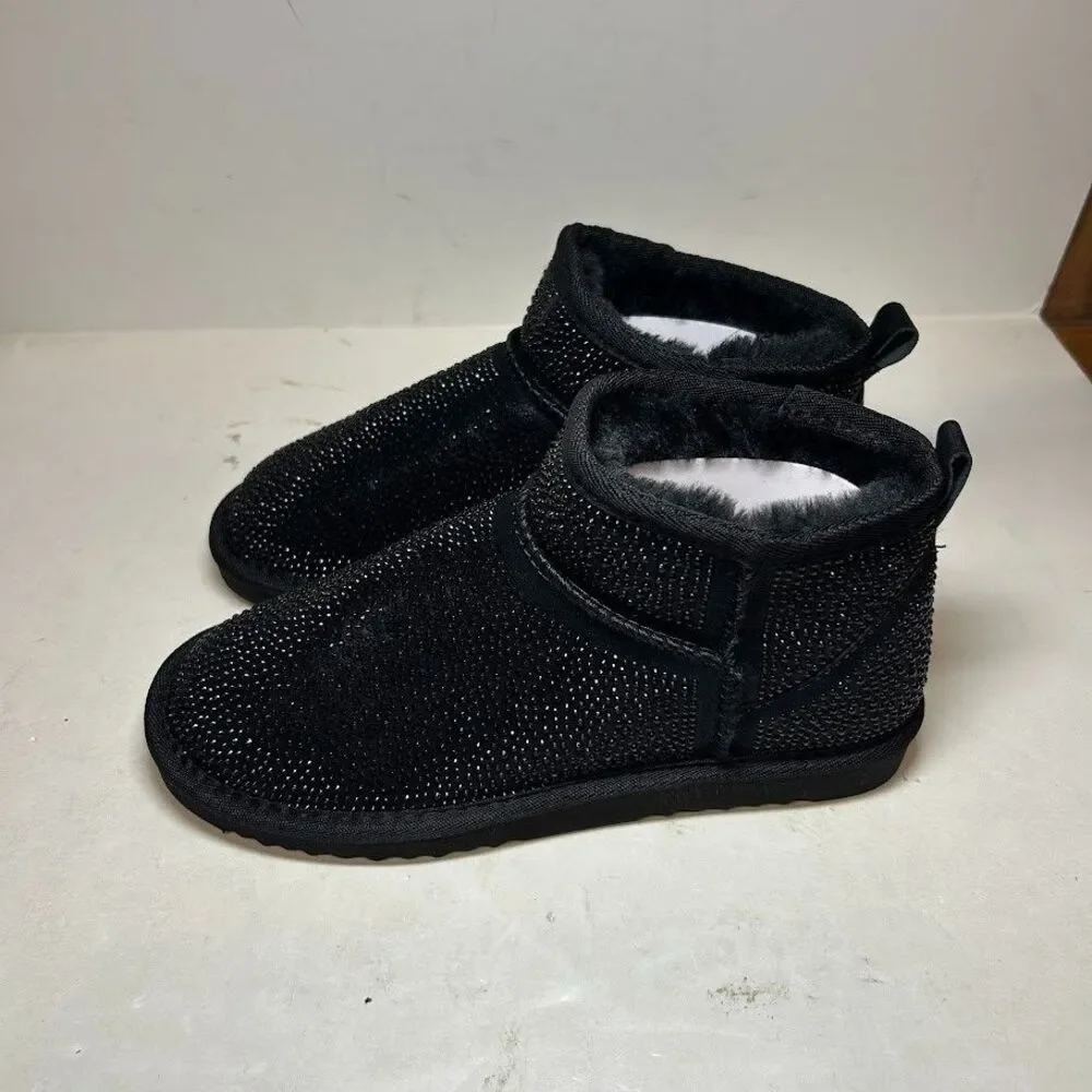 INC Womens 6 M Black Bling Rhinestone Embellished Faux Fur Flat Booties NIB RY0